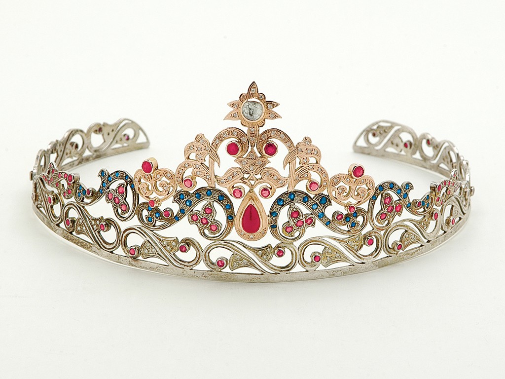 Modern reproduction ruby, diamond and sapphire tiara